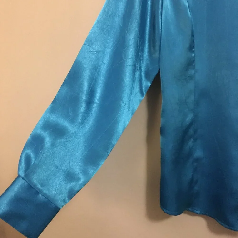 C'est La Vie Vintage Satiny Cyan Blue Retro Button Down Dress Shirt Canadian - M - Picture 5 of 16